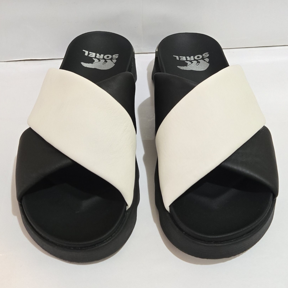Sorel VIIBE‎ Soft Leather Platform Slide Sandals Black White - Picture 3 of 7